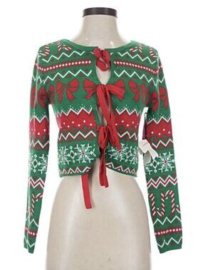 NWT sincerely jules Woman Sm festive bow front Tie Christmas cardigan Sweater